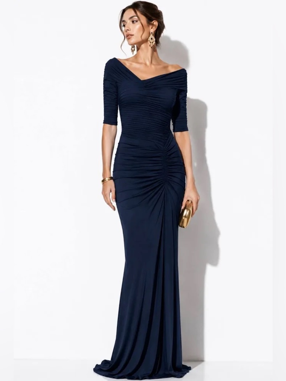 Tadashi Shoji Navy Ruched Off-Shoulder Mesh Maxi Gown